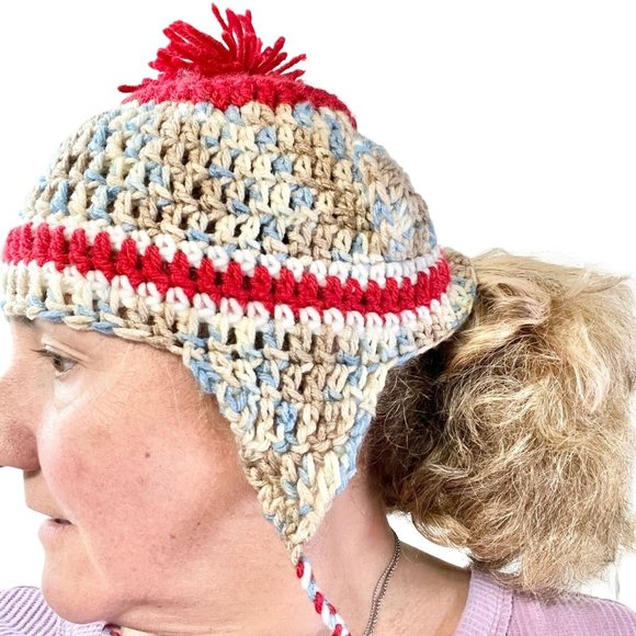 Crochet Hat Blues Browns Red with Ear Flaps and Ties and Pom Pom - Picture 9 of 9